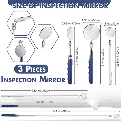 Miniatura 2 de Copkim 3 piezas de espejo de inspección telescópico de acero inoxidable con mango largo herramienta de espejo mecánico extensible para técnicos