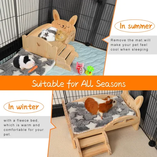 Miniatura 2 de BWOGUE Cama de Madera para Conejo de Indias con Escaleras y Alfombrilla, Cama de Felpa Lavable para Animales Pequeños, Plataforma de Cama
