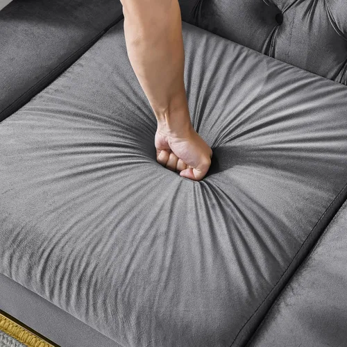 Miniatura 7 de KEIKI Sofá Chesterfield de terciopelo de lujo de gran tamaño de 81 pulgadas con decoración de acero inoxidable dorado, sofá de 3 plazas