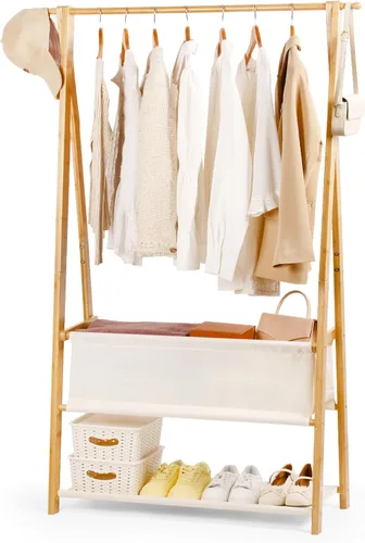 Miniatura 10 de Perchero de bambú con caja de almacenamiento y estante de almacenamiento, perchero portátil extra grande para ropa, armario plegable para entrada