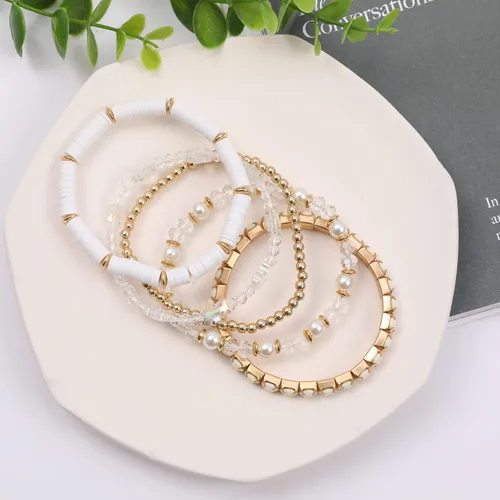 Miniatura 2 de Pulseras de cuentas de arcilla, pulseras de cristal con cuentas de varias capas, bohemio, blanco y rosa, juego de pulseras para mujer