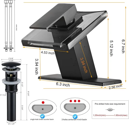 Miniatura 3 de Grifo negro para baño, caño de vidrio LED con cascada con tapón de drenaje de desbordamiento, mango único, montaje en cubierta de un agujero, diseño