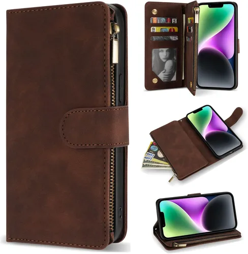 Miniatura 14 de ZZXX Funda tipo cartera para iPhone 14 Plus con [Bloqueo RFID] Ranura para tarjetas Cuero PU suave premium con cremallera tipo folio plegable