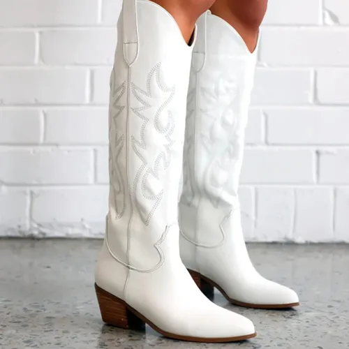 Miniatura 4 de MeiLuSi Botas vaqueras para mujer, hasta la rodilla, botas vaqueras con punta puntiaguda, tacón grueso, zapatos de gamuza con bordado
