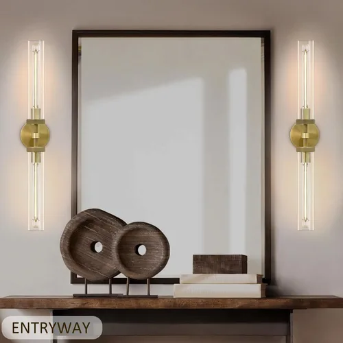 Miniatura 8 de Aplique de pared de baño de 30", apliques de pared de latón con cableado fijo, aplique de pared dorado regulable, apliques lineales moleteados