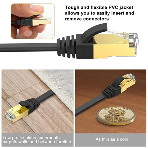 Miniatura 5 de Ercielook Cable Ethernet CAT8 de alta velocidad de 150 pies, cable de Internet plano blindado con clips, resistente a la intemperie S/FTP resistente