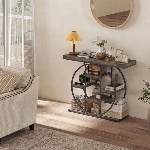 Miniatura 10 de HOMCOM Mesa de entrada, mesa de sofá consola de 39.4 pulgadas con estantes de almacenamiento y marco de acero circular, mesas decorativas de madera