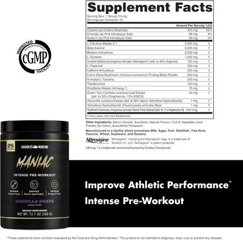Miniatura 5 de Anabolic Warfare Black Series Maniac, polvo de pre-entrenamiento, soporta óxido nítrico, bombas musculares y síntesis de proteínas* uva guerrilla