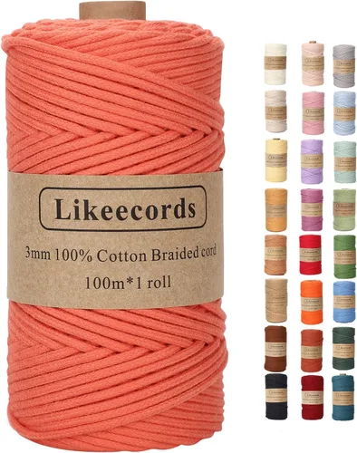 Miniatura 57 de Cordón de Algodón Trenzado 3mm x 109 yardas - Cuerda de Macramé Colorida para Manualidades, Ganchos, Colgantes de Pared - 100% Algodón Natural