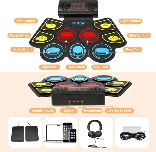 Miniatura 5 de Juego de batería eléctrica para niños, almohadilla electrónica con baquetas iluminadas y soporte de batería, altavoces dobles integrados y batería