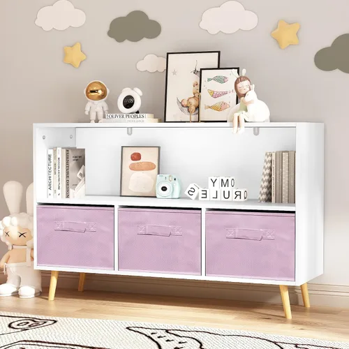 Miniatura 2 de Estantería para niños, organizador de almacenamiento de juguetes, estantería para niños con 3 cajones de tela plegables y patas de madera, Rosado