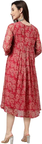 Miniatura 5 de Janasya Indian - Vestido acampanado de gasa rosa oscuro con estampado floral lúrex para mujer
