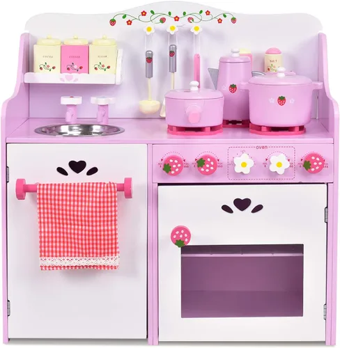 HONEY JOY Juego de Cocina Rosa para Niños, Cocina de Juego de Simulación de Madera para Niños Pequeños, 13 Piezas de Utensilios de Cocina, Grifo,