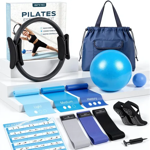 GINMIC Equipo de pilates, kit de pilates para mujeres, entrenamientos en casa, juego de pilates con anillo de pilates, pelota de pilates, bandas de