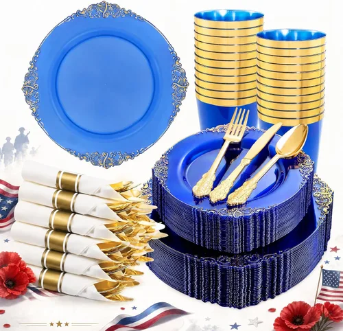 Miniatura 30 de Hioasis 350 platos de plástico transparente y dorado, elegante juego de vajilla desechable adecuado para 50 invitados, incluye platos de cena