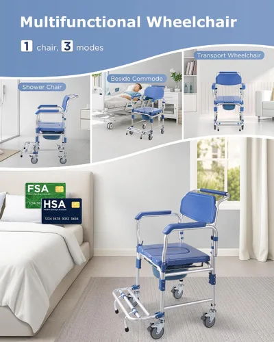 Miniatura 2 de Silla de ruedas con brazos caídos y ruedas bloqueables, silla de ducha de aluminio impermeable, capacidad de 330 libras, inodoros portátiles