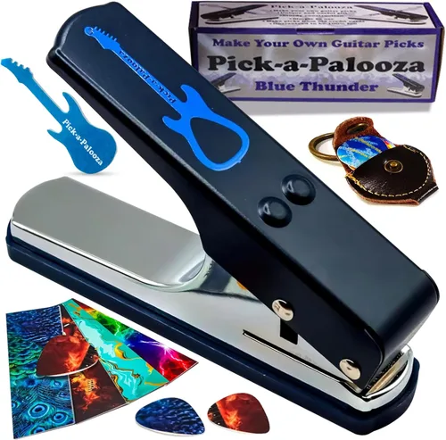 Miniatura 9 de Pack de regalo Pick-a-Palooza DIY para punzón de púa de guitarra - Fabricante de púas premium con llavero de cuero, 4 tiras y una lima - Negro