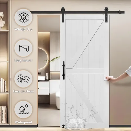 Miniatura 5 de S&Z TOPHAND® Puerta de granero doble de MDF de 18 x 84 pulgadas con kit de herrajes para puerta corredera de 6 pies, tablero sólido de puerta