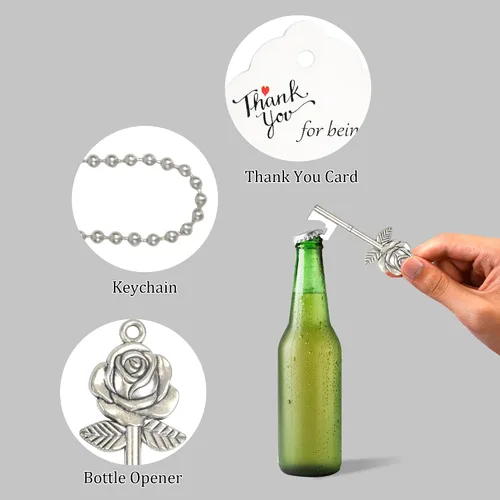 Miniatura 3 de Aokbean 100 llaves en forma de flor de rosa, regalo de boda para invitados, abrebotellas de esqueleto a granel con tarjeta y cadena para decoración