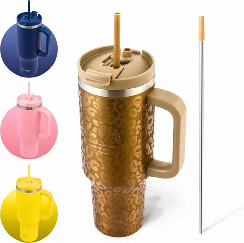 FAHRMOSIS Vaso de 40 onzas con asa y pajita, taza aislada que cabe en el portavasos para bebidas frías y calientes, vaso a prueba de fugas con
