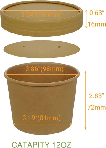 Miniatura 2 de Vasos de papel para helado con tapas de papel, tazas de sopa caliente/fría con tapas (kraft) (50, 12 onzas)