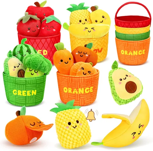 TOHIBEE Juguetes Sensoriales para Bebés - 16 Piezas de Frutas y Verduras de Comida de Juego para Clasificar Colores con Sonajero, Crujido, Juguetes