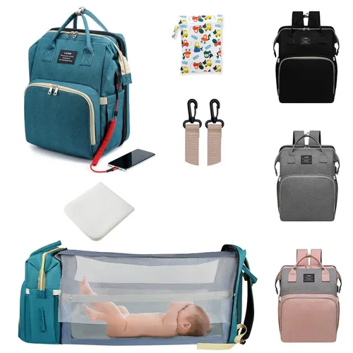 Miniatura 11 de Bolsa de pañales con cambiador, mochila para pañales, bolsa de pañales de viaje 7 en 1, bolsa para mamá con puerto de carga USB (rosa-gris)