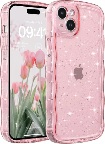 Miniatura 34 de FABSPARK Funda para iPhone 14 Pro Max, bonita funda colorida con láser, retro, exquisita, rizada, borde ondulado, protector estético de TPU suave