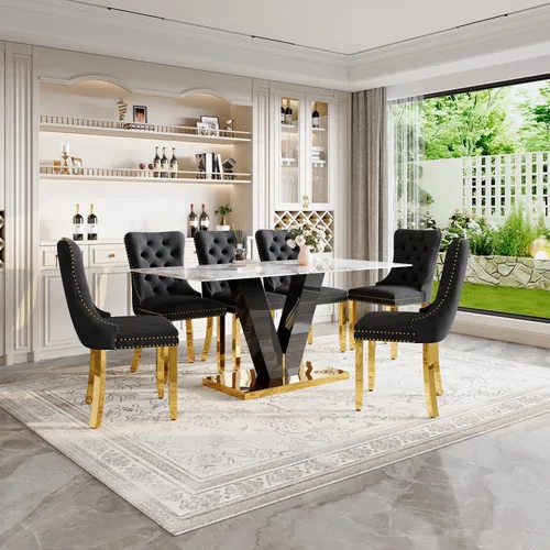 Miniatura 16 de Juego de mesa de comedor de 71 pulgadas para 6, moderno juego de mesa de comedor para 6, mesa de comedor de mármol con 6 sillas de comedor de piel