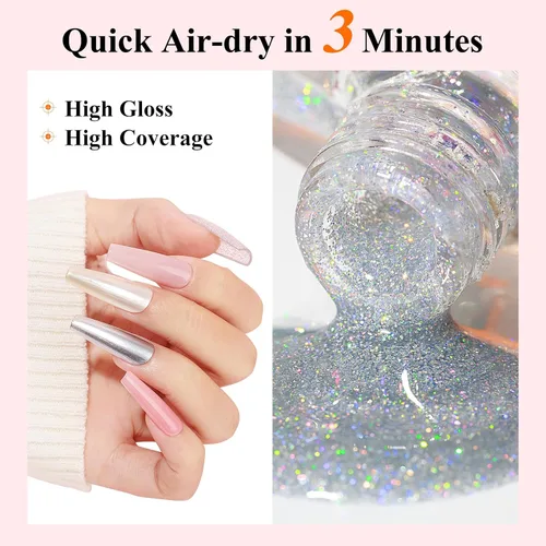Miniatura 4 de Juego de esmaltes de uñas regulares de secado rápido, 6 colores plateados con purpurina metálica y esmalte de uñas de gelatina rosa y rojo nude