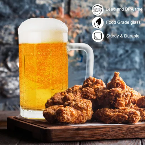 Miniatura 5 de Paquete de 4 tazas de vidrio resistentes, vasos de cerveza grandes de 16 onzas con asa, aptas para congelador, juego de tazas de cerveza clásicas