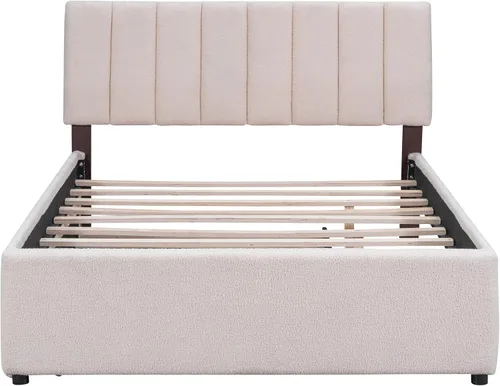 Miniatura 6 de Cama de plataforma tapizada de tamaño matrimonial con nido, cama con plataforma tapizada de vellón de peluche con soporte de listones de madera