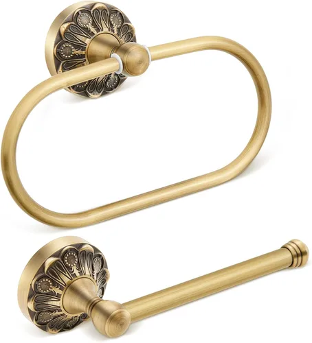Juego de 2 piezas de soporte para papel higiénico de latón envejecido, anillo de toalla de mano retro de latón, soporte para rollo de pañuelos de