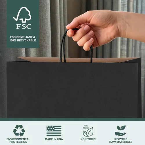 Miniatura 5 de METRONIC Paquete de 100 bolsas de regalo grandes de papel negro de 16X6X12, bolsa de compras kraft con asas para pequeñas empresas, boutique