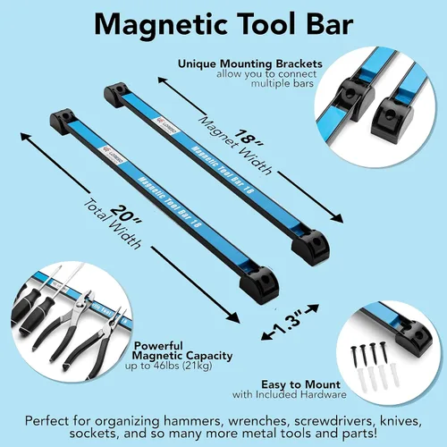 Miniatura 4 de Soporte magnético para herramientas de 18 pulgadas, juego de 2 barras magnéticas para herramientas, tira magnética de metal resistente, organizador