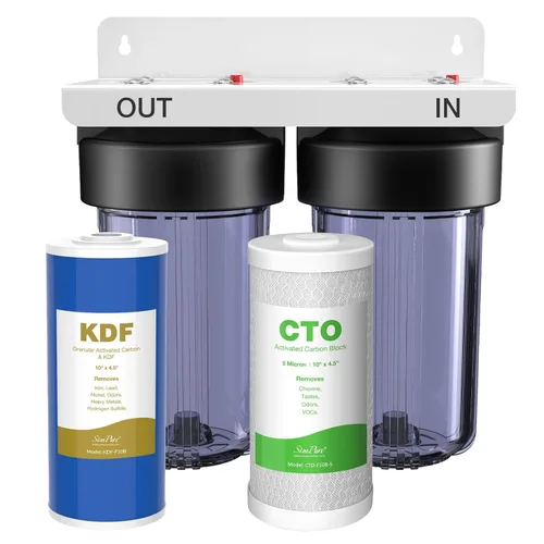 SimPure Sistema de filtro de agua para toda la casa, prefiltración de agua transparente de 2 etapas con filtros de carbono y KDF, reduce el hierro,