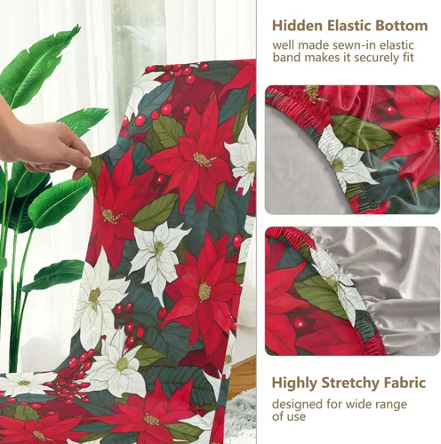 Miniatura 3 de Juego de 2 fundas para silla de comedor con flores de Pascua de Navidad, extraíbles y lavables, para hotel, ceremonia, banquete, boda, fiesta
