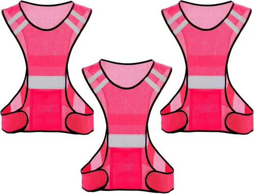 TCCFCCT Chaleco reflectante para correr, equipo de correr de alta visibilidad con bolsillo grande Paquete de 3 malla rosa