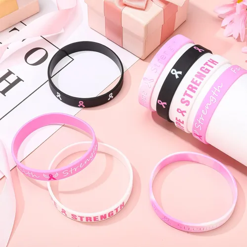 Miniatura 7 de Minatee 100 pulseras de concientización sobre el cáncer de mama, pulseras de silicona con cinta rosa con esperanza, fe, fuerza, coraje, apoyo