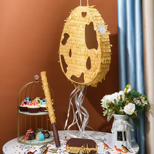 Miniatura 4 de Lenwen Piñata de huevo de dinosaurio de 16 x 12 x 3 pulgadas, paquete de piñata de huevos de dinosaurio con palo de confeti para fiesta de Marrón