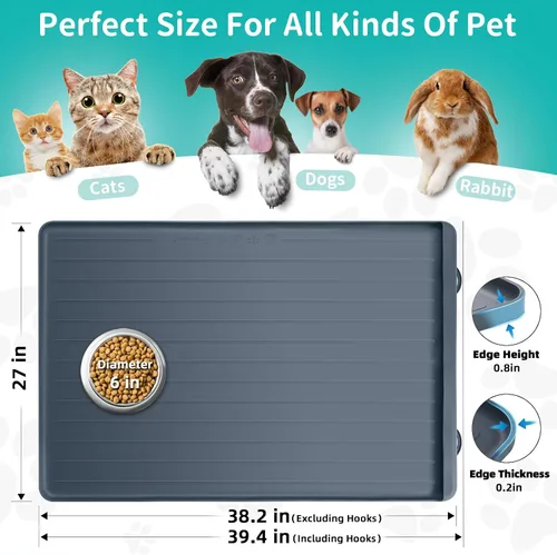 Miniatura 2 de Tapete para comida y agua para perros, tapete grande de alimentación de mascotas de 39.4 x 27 pulgadas con bolsillo para recolección de residuos