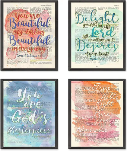 Miniatura 3 de Impresiones artísticas cristianas en acuarela, juego de 4, Canción de Salomón 4:7, Salmo 37:4, Efesios 2:10, Filipenses 4:8 sin marco, póster