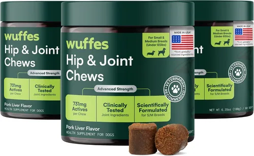 Miniatura 13 de Wuffes Suplemento avanzado para cadera y articulaciones de perro con glucosamina, condroitina, omega 3, MSM y mejillón de labios verdes