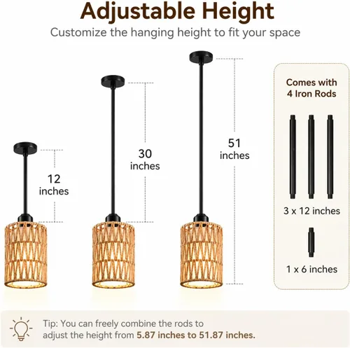 Miniatura 4 de Lámpara Colgante Boho Lámpara Colgante - Pantalla 2 en 1 de Ratán y Lino, Luminaria de Luces Colgantes Ajustables para Isla de Cocina, Comedor, Casa