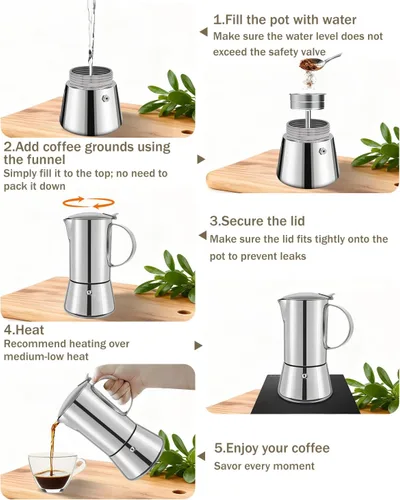 Miniatura 8 de Cafetera Express de acero inoxidable 304, 2 tazas de 3.3 oz/3.4 fl oz, cafetera italiana para el hogar, cocina y campamento, todas las estufas