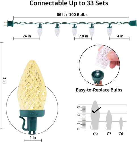 Miniatura 5 de Cadena de luces LED C9 de Brightown, 66 pies 100 LED impermeables en forma de fresa, cadena de luces de cable verde extensible para enchufar