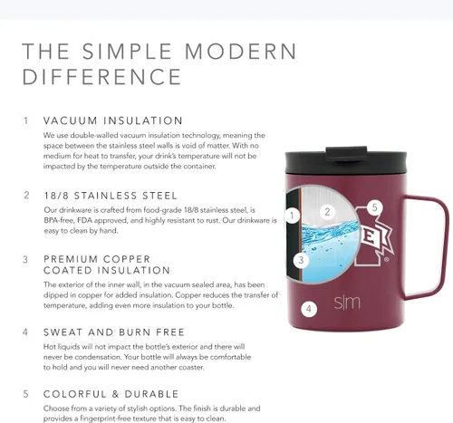Miniatura 3 de Simple Modern Taza de café con licencia oficial de la universidad universitaria con tapa a prueba de fugas, taza de viaje de acero inoxidable