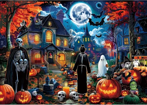 Miniatura 16 de Rompecabezas de Halloween para adultos, 1000 piezas, rompecabezas de tienda mágica de gatos y brujas con letras en la parte posterior con caramelo