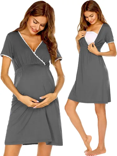Ekouaer - Camisón de dormir de manga corta 3 en 1 para mujer, plisado, para lactancia, parto y maternidad, tallas S-XXL