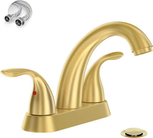 Phiestina Grifo de Baño de Oro Cepillado de 4 Pulgadas Centerset 2 o 3 Agujeros 2 Manijas, Grifo de Baño con Desagüe Emergente de Cobre y Líneas de